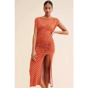 Free People Lakeside Heart Printed Midi Dress Thigh Slit Exposed Back Size XL